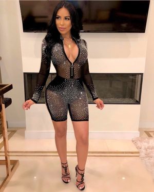 Long-Sleeve Sequin Mesh Romper