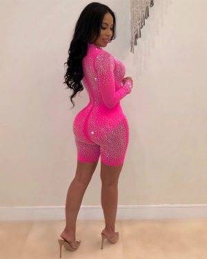 Long-Sleeve Sequin Mesh Romper