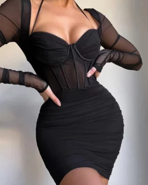 Long Sleeve Mesh Corset Bodycon Dress