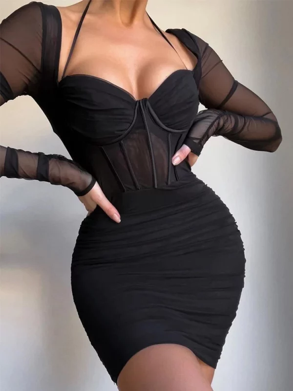 Long Sleeve Mesh Corset Bodycon Dress - Image 2