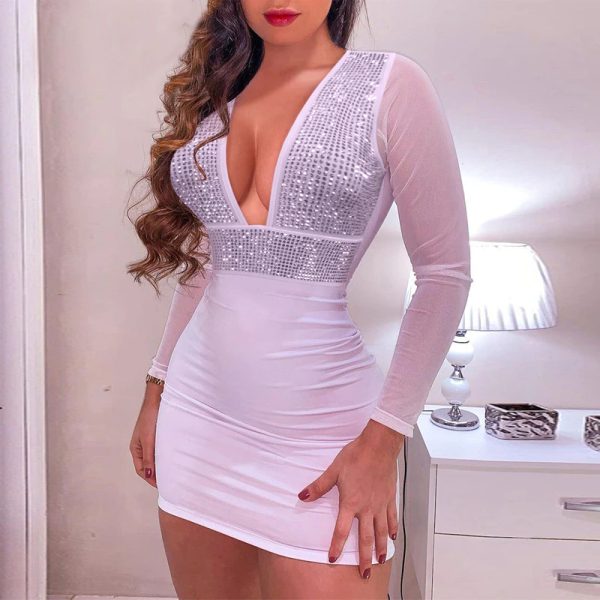 White Long Sleeve Mini Dress con Rhinestones