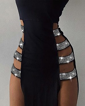 Side High Slit Dress con Rhinestones