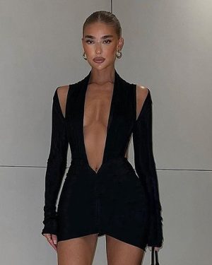 Black Cut Out Deep V Mini Dress