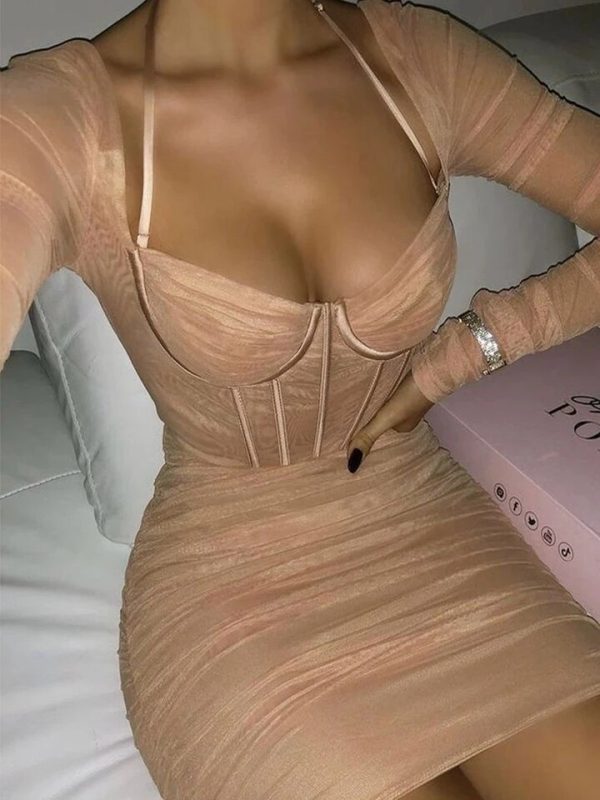 Long Sleeve Mesh Corset Bodycon Dress