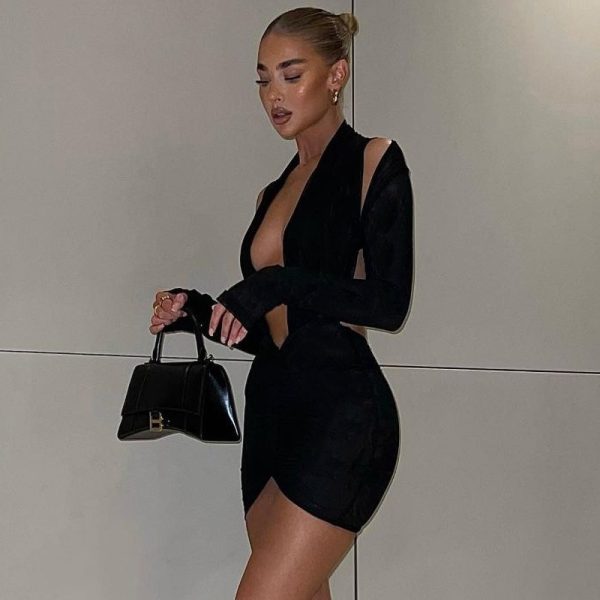 Black Cut Out Deep V Mini Dress - Image 3