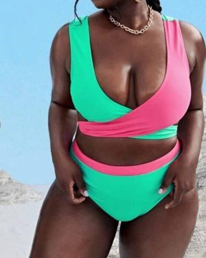 Pink & Green Contrast Bikini Set