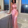 Satin Halter Cross Top & Wide Leg Pants Set
