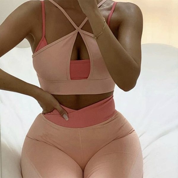 Contrast Spliced Sports Bra & Leggings Set - Image 2