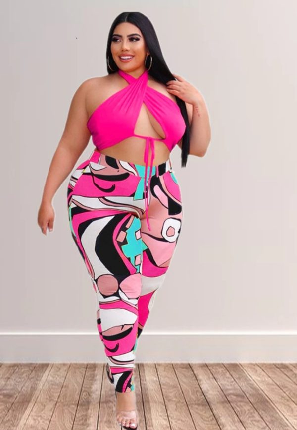 Halter Cross Top and Print Sweatpant Set