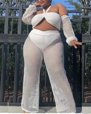 White Sheer Long Sleeve Crop Top & Wide Leg Pants Set