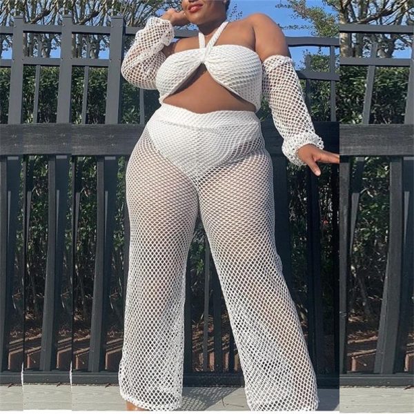 White Sheer Long Sleeve Crop Top & Wide Leg Pants Set