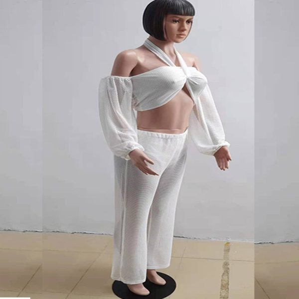 White Sheer Long Sleeve Crop Top & Wide Leg Pants Set - Image 3