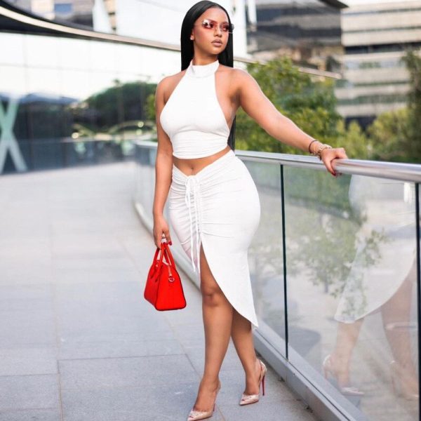 White Halter Ruched Top & Skirt - Image 2
