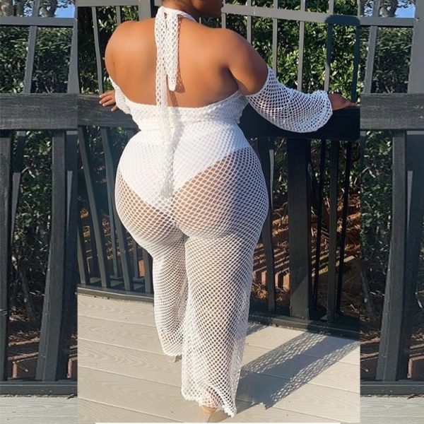 White Sheer Long Sleeve Crop Top & Wide Leg Pants Set - Image 2