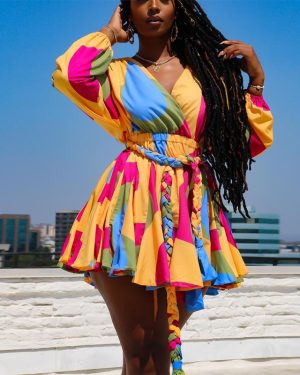 Multicolour Long Sleeve Skater Dress