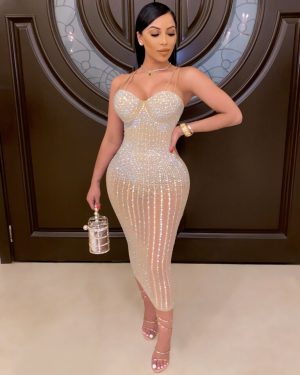 Beige Rhinestone Bodycon Dress