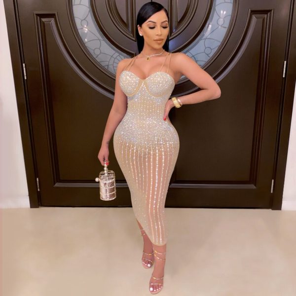Beige Rhinestone Bodycon Dress