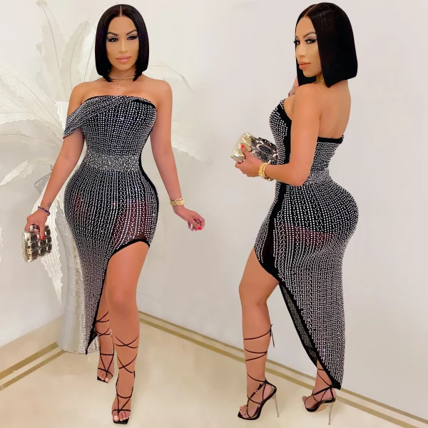 Black Strapless Rhinestone Asymmetrical Hem Dress