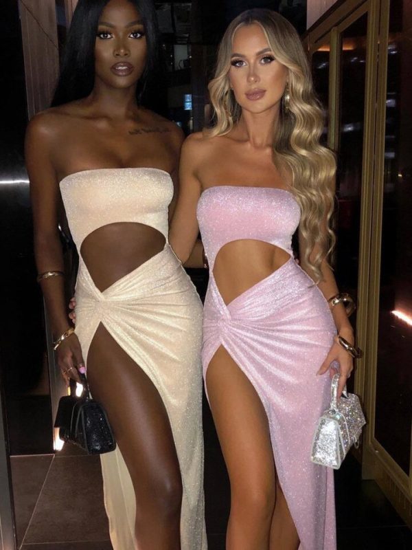Pink Hollow Out Strapless High Split Maxi Dress - Image 3