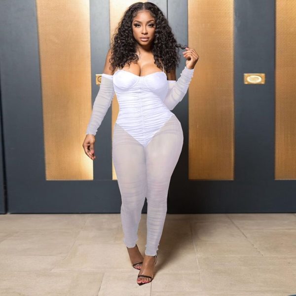 Mesh Off Shoulder Long Sleeve Jumpsuit - Image 2