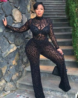 Black Sheer Leopard Print Lace Jumpsuit