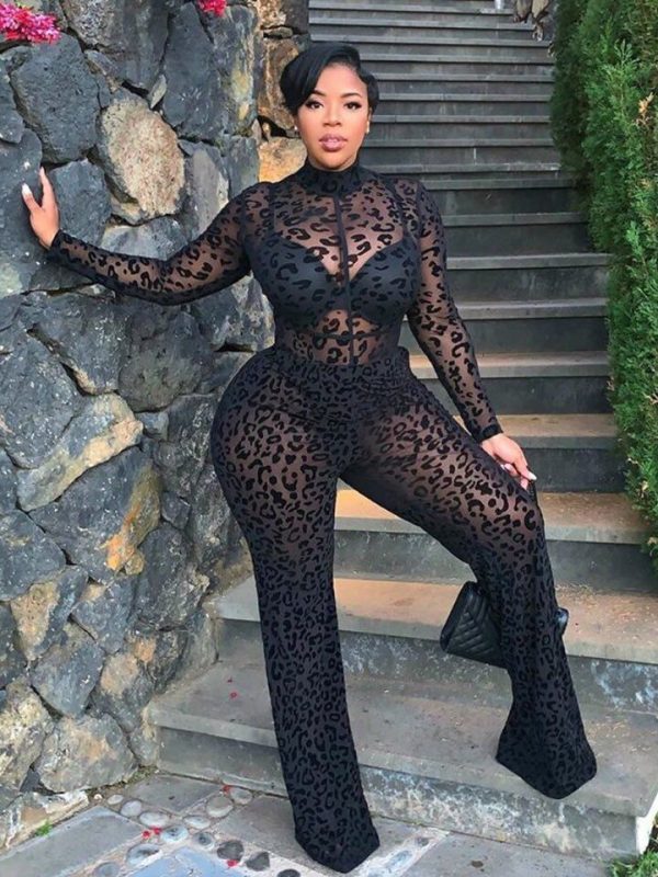 Black Sheer Leopard Print Lace Jumpsuit