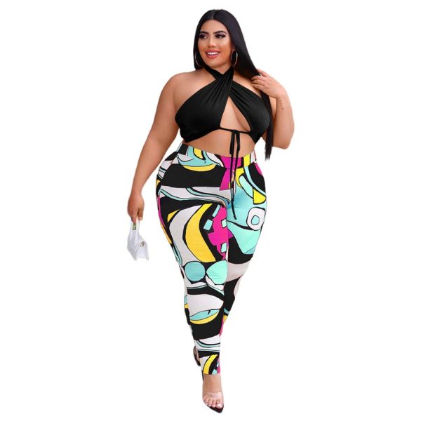 Halter Cross Top and Print Sweatpant Set - Image 2