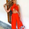Satin Halter Cross Top & Wide Leg Pants Set - Image 7