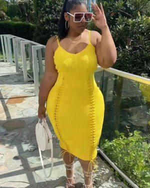 Yellow Lace Up Midi Dress