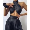 Satin Halter Cross Top & Wide Leg Pants Set - Image 2