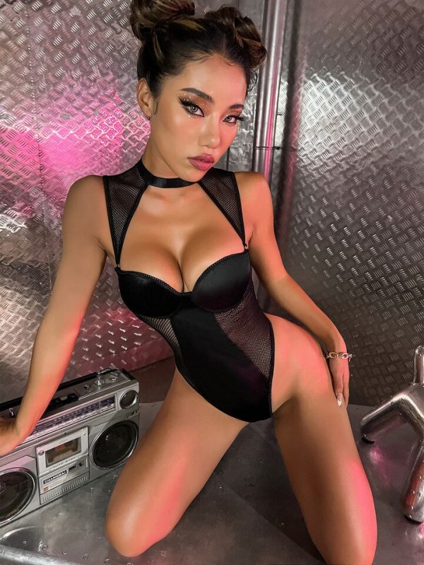 Satin Mesh Contrast Bodysuit
