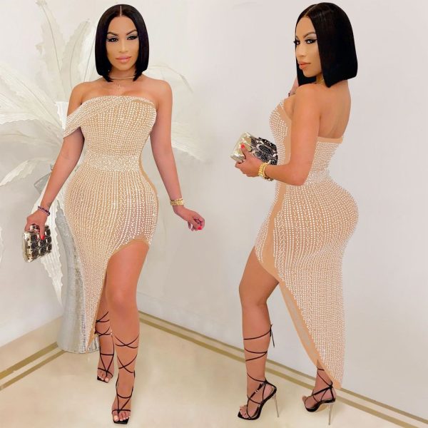 Beige Strapless Rhinestone Asymmetrical Hem Dress
