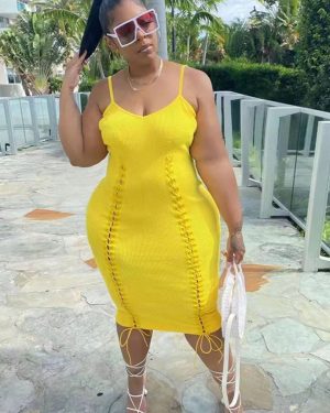 Yellow Lace Up Midi Dress