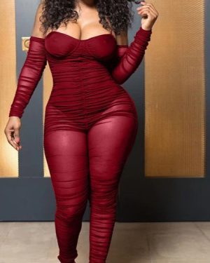 Mesh Off Shoulder Long Sleeve Jumpsuit