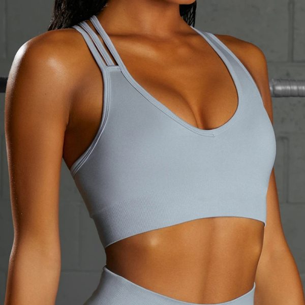 Seamless V-neck Blue Grey Sports Bra - Image 3