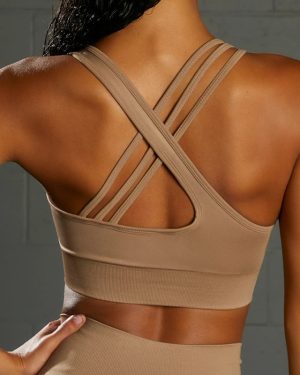 Seamless V-neck Khaki Sports Bra