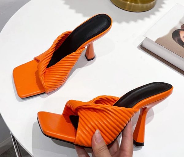 Orange High Heeled Pleated Sandals - Image 2