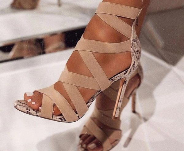 Beige Bandage & Snake Print Heels