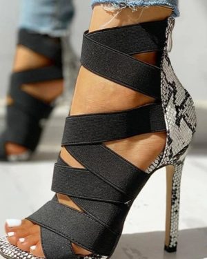 Black Bandage & Snake Print Heels