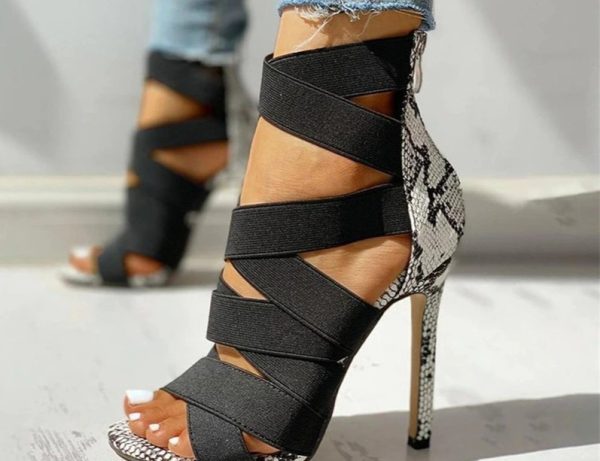Black Bandage & Snake Print Heels - Image 2