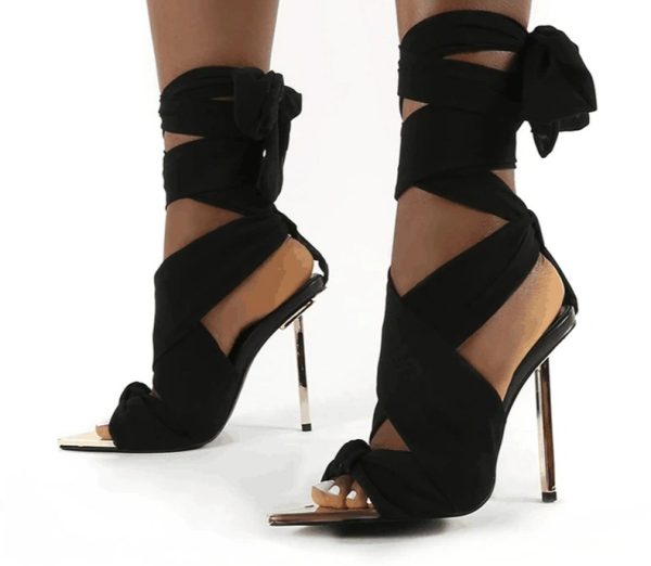 Black Pointed Open Toe Lace-up Stiletto Heels