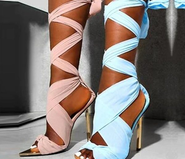 Black Pointed Open Toe Lace-up Stiletto Heels - Image 2