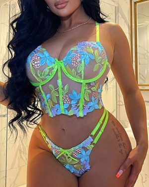 Neon Green Floral Bralette and Thong Set