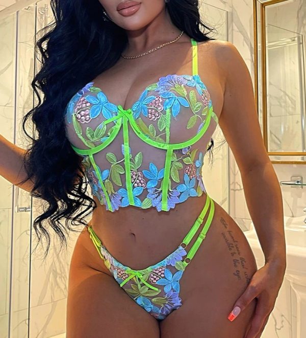 Neon Green Floral Bralette and Thong Set
