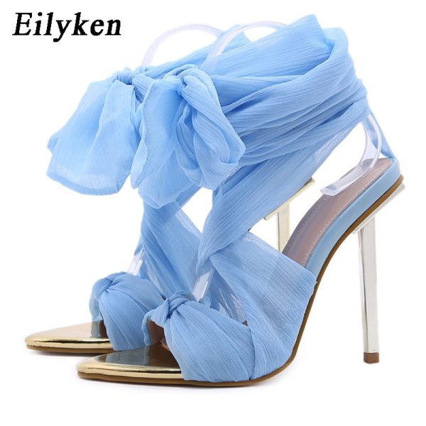 Black Pointed Open Toe Lace-up Stiletto Heels - Image 5