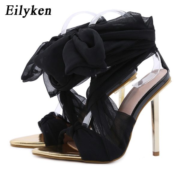 Black Pointed Open Toe Lace-up Stiletto Heels - Image 4