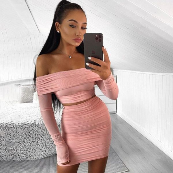 Pink Pleated Off Shoulder Mesh Long Sleeve Crop Top & Skirt Set - Image 3