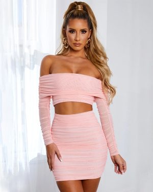 Pink Pleated Off Shoulder Mesh Long Sleeve Crop Top & Skirt Set