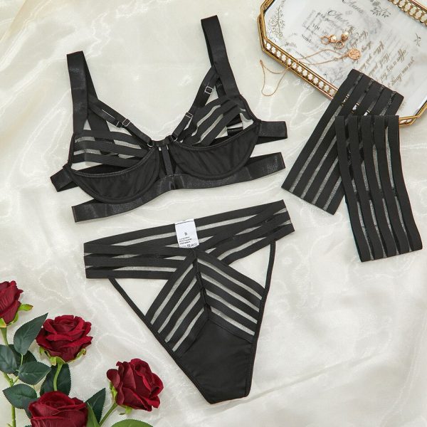 Black Bandage Hollow Out Bra, Garter and Thong Set - Image 6