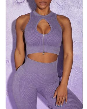 Purple Acid Washed Ribbed Leggings & Zip Crop Top Set